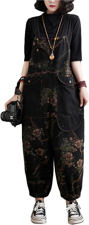 Women's Loose Baggy Overalls Denim Printed Bib Drop Crotch Cotton Wide Leg Jumpsuit Harem Pants