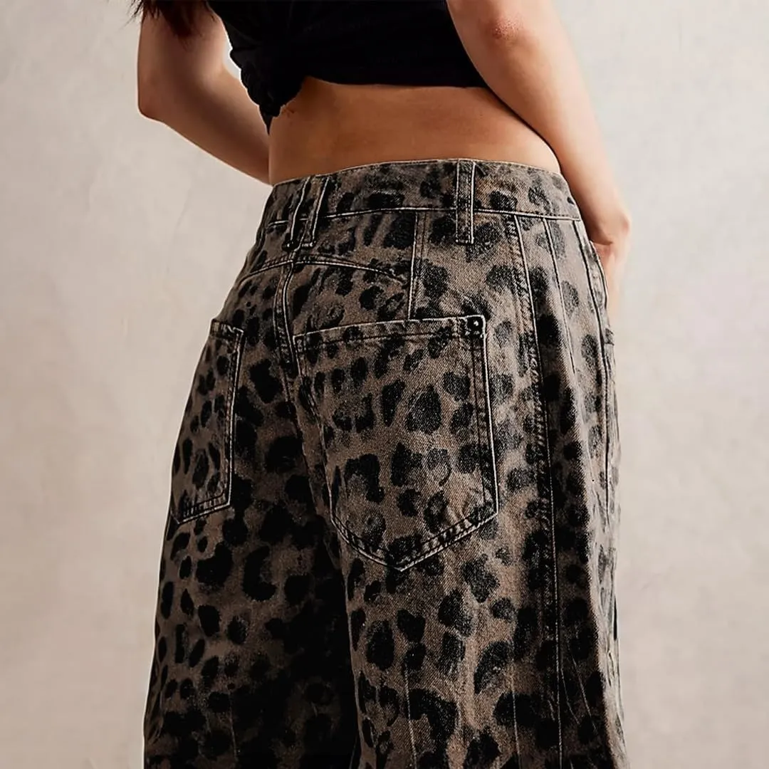 Women's Mid-Rise Barrel Jeans Vintage Leopard Printed Baggy Cropped Wide-Leg Denim Ankle Pants Boyfriend Jeans