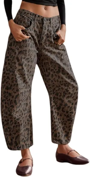Women's Mid-Rise Barrel Jeans Vintage Leopard Printed Baggy Cropped Wide-Leg Denim Ankle Pants Boyfriend Jeans