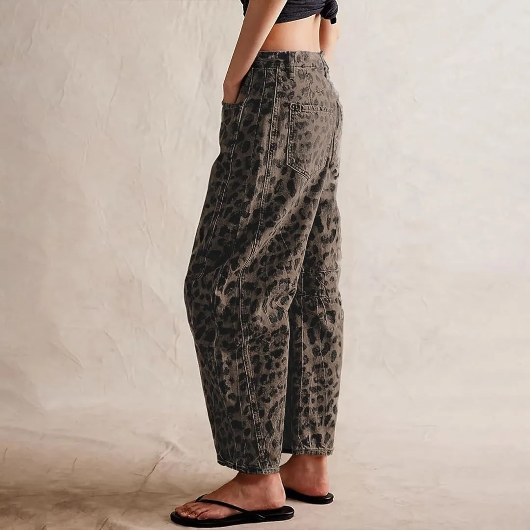 Women's Mid-Rise Barrel Jeans Vintage Leopard Printed Baggy Cropped Wide-Leg Denim Ankle Pants Boyfriend Jeans