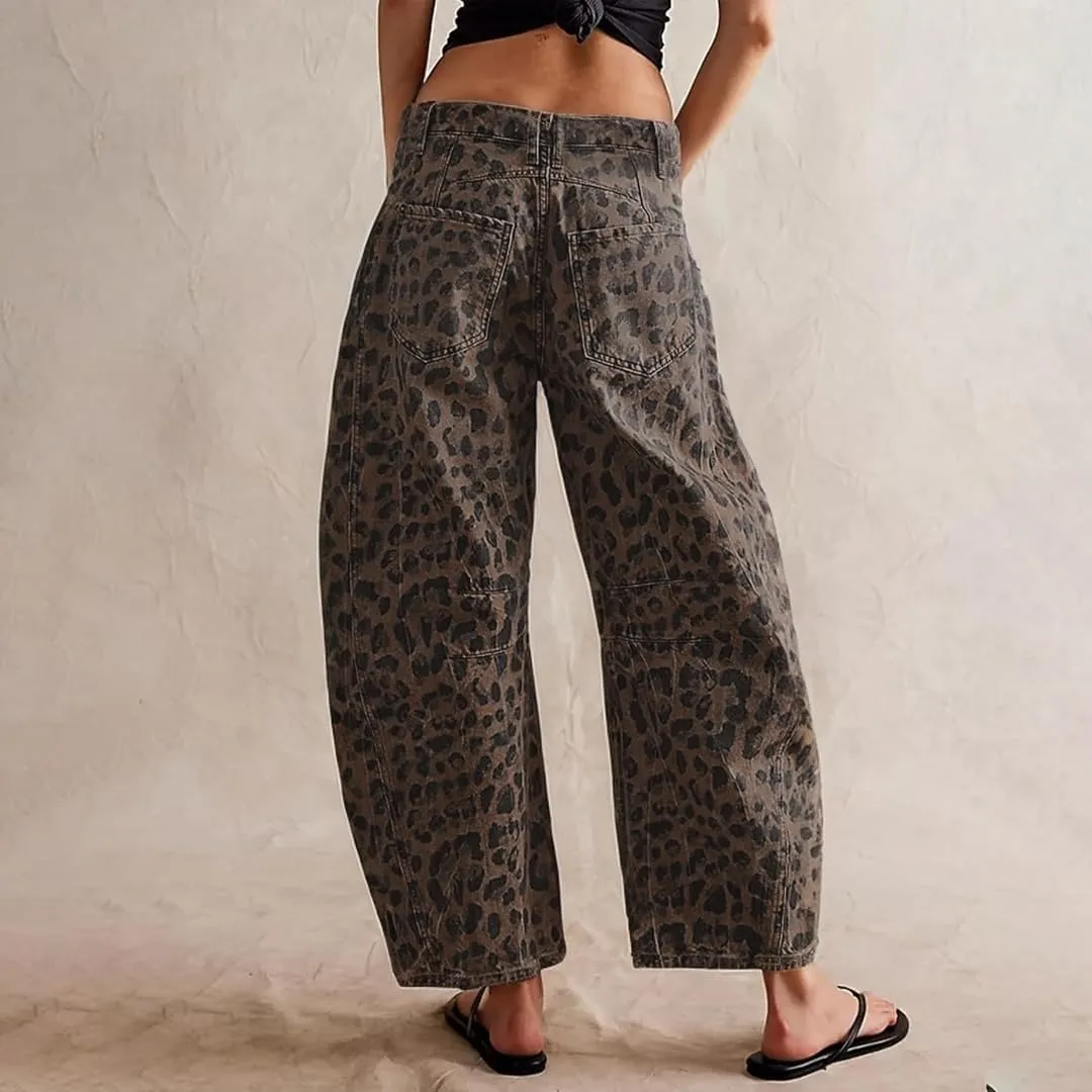 Women's Mid-Rise Barrel Jeans Vintage Leopard Printed Baggy Cropped Wide-Leg Denim Ankle Pants Boyfriend Jeans