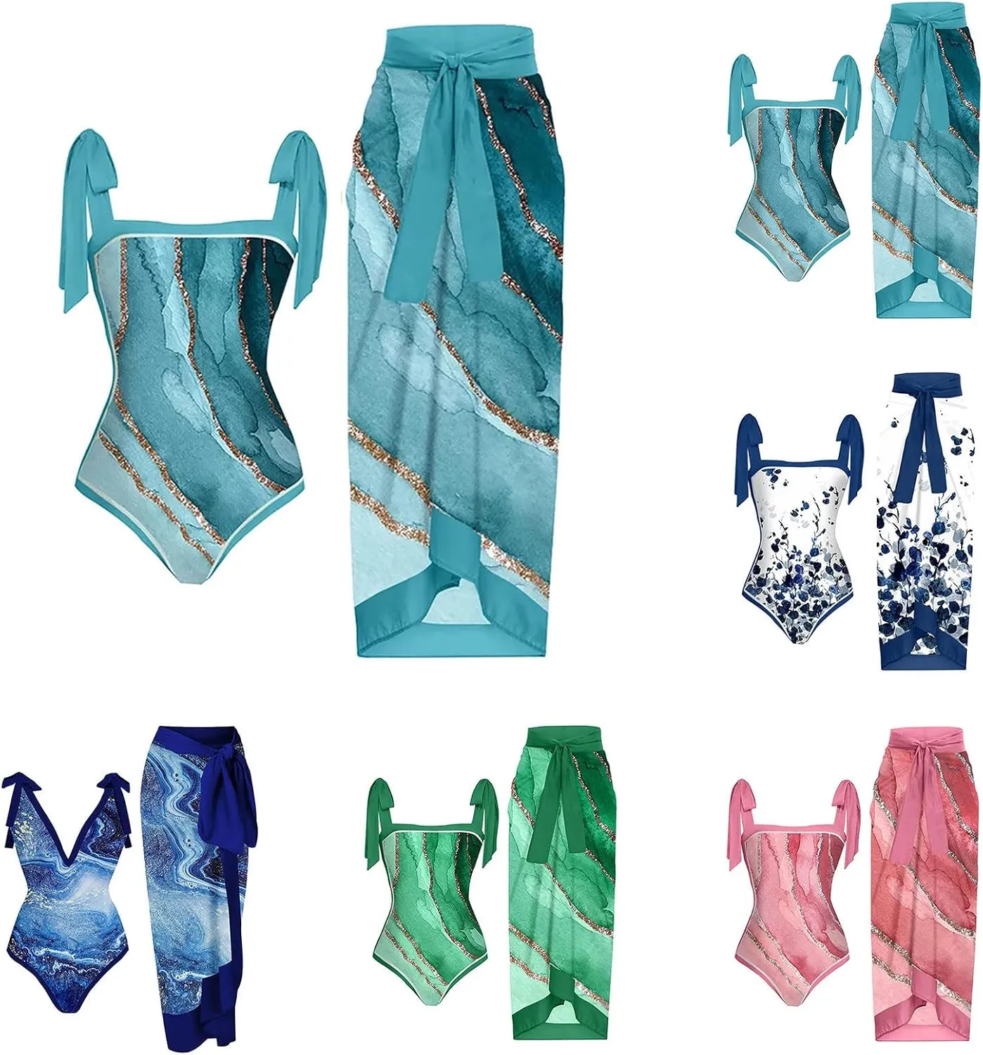 Womens One Piece Swimsuits with Cover Up 2024 Vacation Outfits 2 Piece Floral Print Bathing Suit Wrap Skirt Sarong
