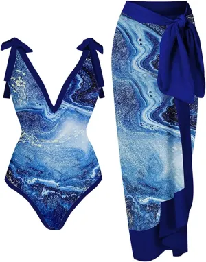 Womens One Piece Swimsuits with Cover Up 2024 Vacation Outfits 2 Piece Floral Print Bathing Suit Wrap Skirt Sarong