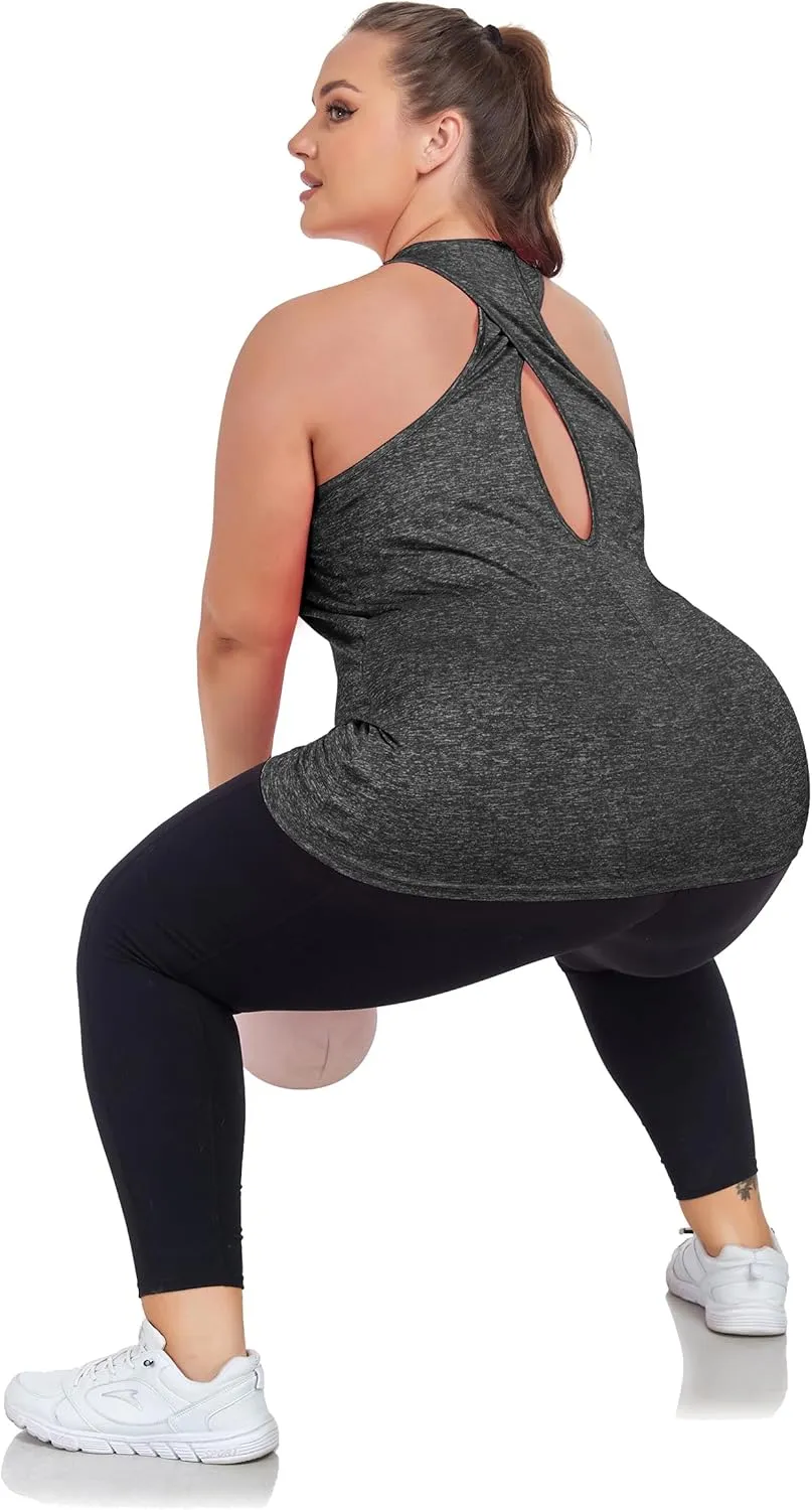 Women's Plus Size Athletic Tank Tops Cross Backless Racerback Workout Yoga Running Sleevelss Shirts