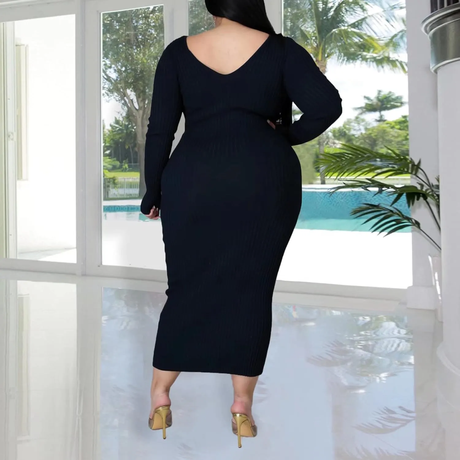 Women's Plus Size Sexy Stretchable Long Sleeve Maxi Sweater Off Shoulder Knit Slim Fit Dress