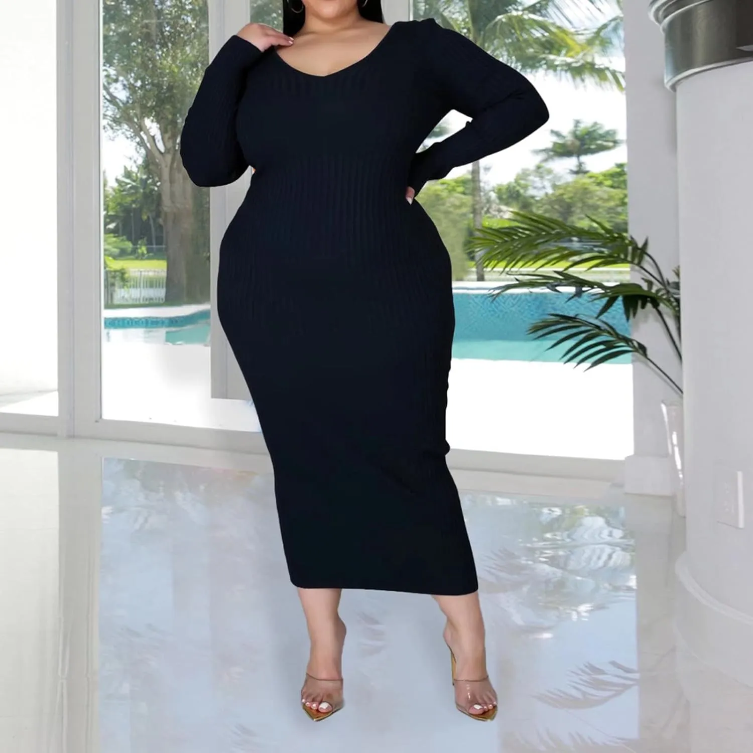 Women's Plus Size Sexy Stretchable Long Sleeve Maxi Sweater Off Shoulder Knit Slim Fit Dress