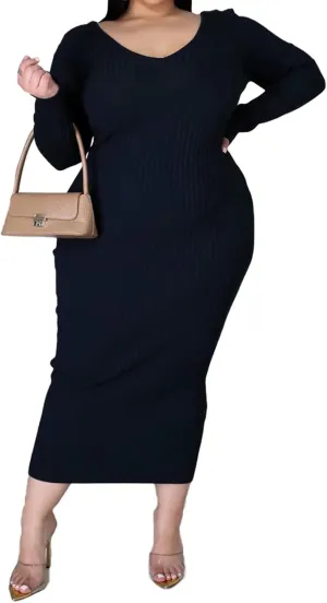 Women's Plus Size Sexy Stretchable Long Sleeve Maxi Sweater Off Shoulder Knit Slim Fit Dress