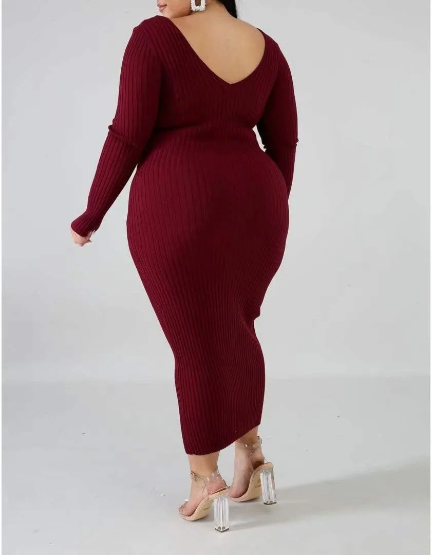 Women's Plus Size Sexy Stretchable Long Sleeve Maxi Sweater Off Shoulder Knit Slim Fit Dress