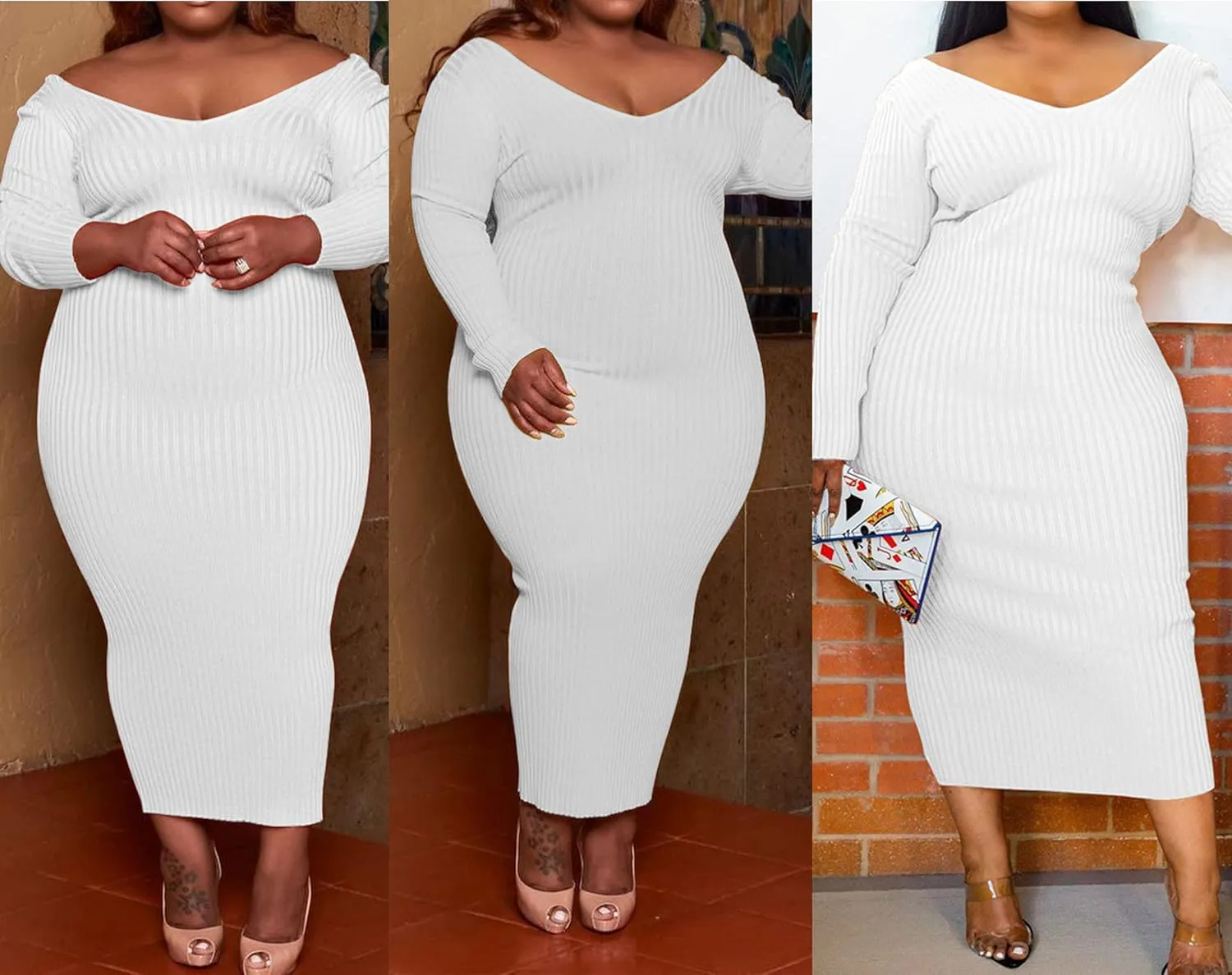 Women's Plus Size Sexy Stretchable Long Sleeve Maxi Sweater Off Shoulder Knit Slim Fit Dress