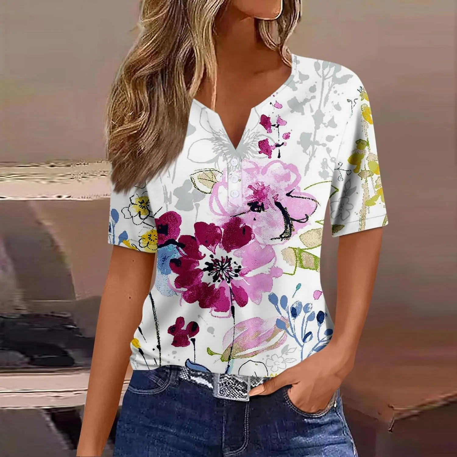 Womens Polo Shirts Short Sleeve Oversized V-Neck Pullover Printed Casual Shirt Top Loose Trendy Button Down T Shirt