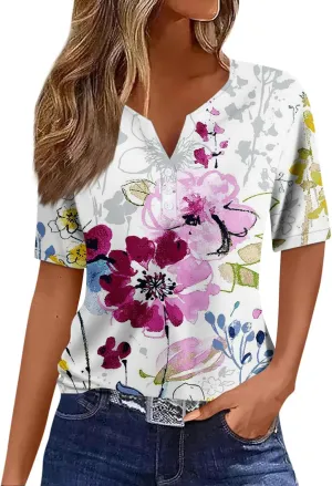 Womens Polo Shirts Short Sleeve Oversized V-Neck Pullover Printed Casual Shirt Top Loose Trendy Button Down T Shirt