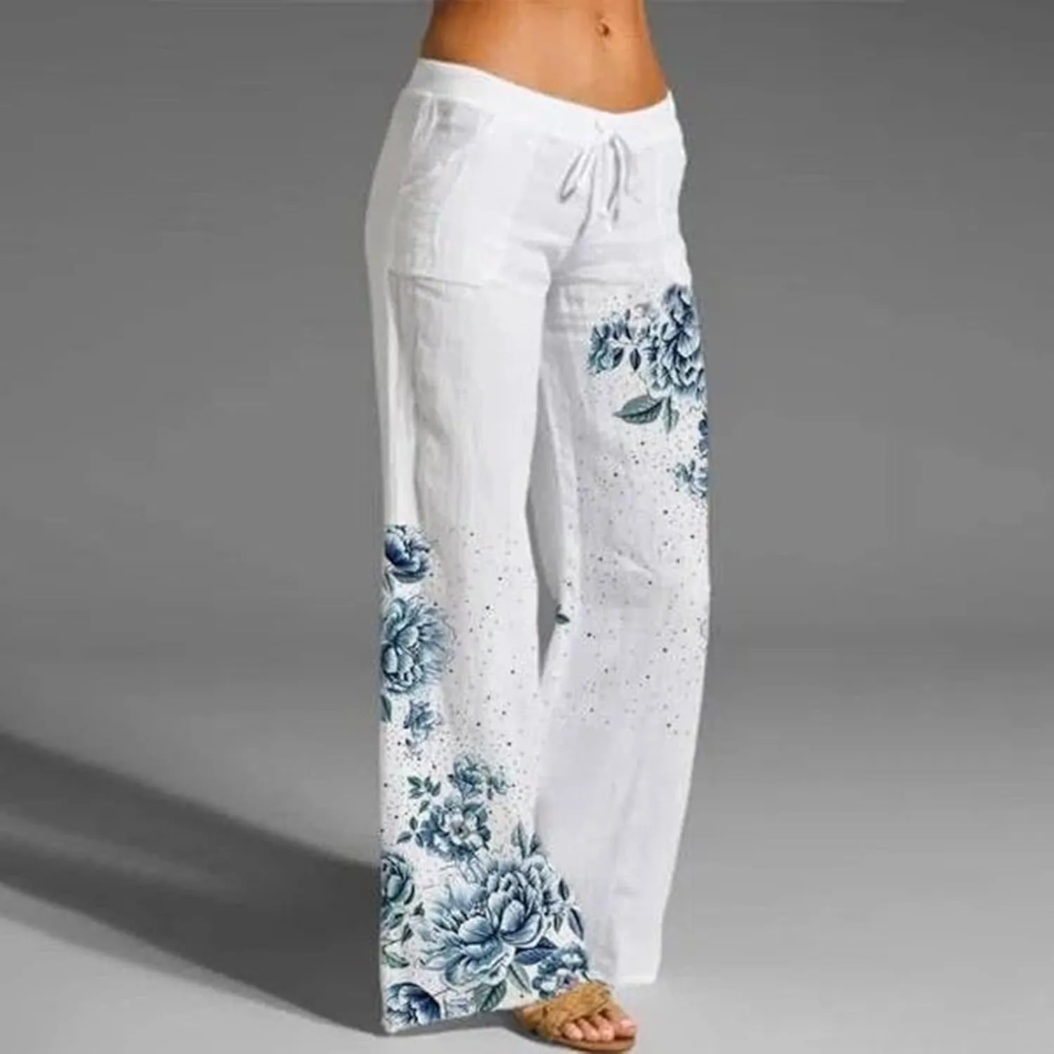 Women's Print Wide Leg Pants Elastic High Waist Palazzo Pants Linen Lounge Casual Trousers Summer Boho Beach