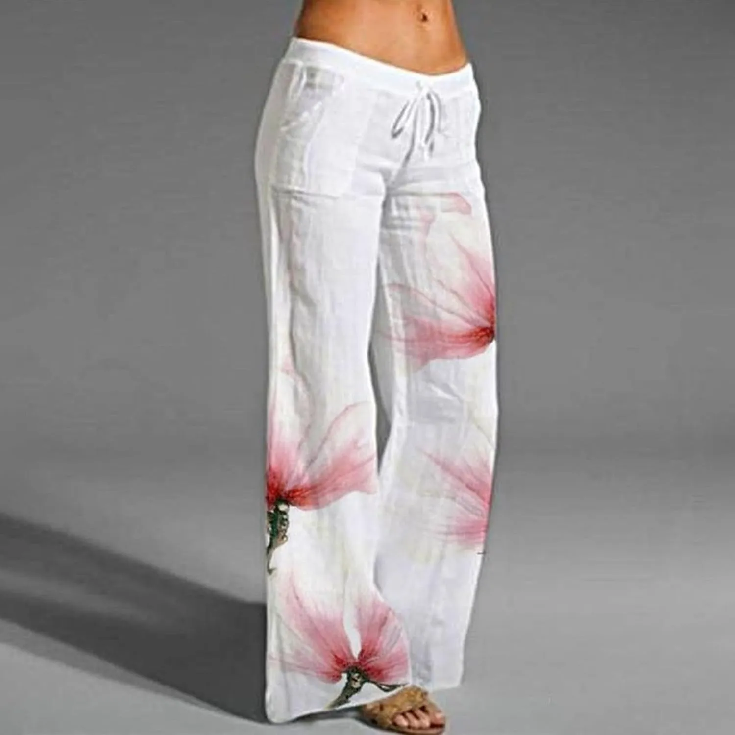 Women's Print Wide Leg Pants Elastic High Waist Palazzo Pants Linen Lounge Casual Trousers Summer Boho Beach