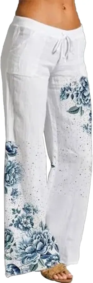 Women's Print Wide Leg Pants Elastic High Waist Palazzo Pants Linen Lounge Casual Trousers Summer Boho Beach