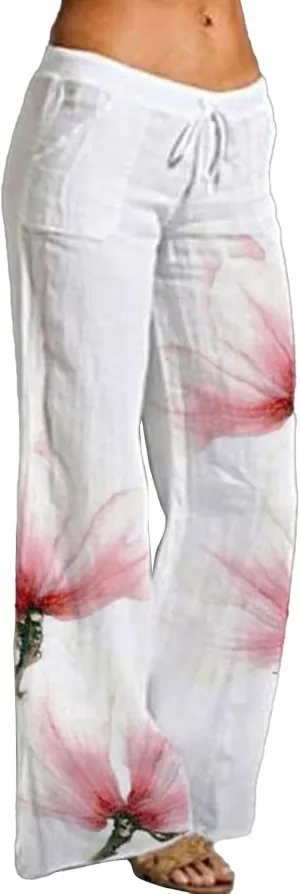 Women's Print Wide Leg Pants Elastic High Waist Palazzo Pants Linen Lounge Casual Trousers Summer Boho Beach