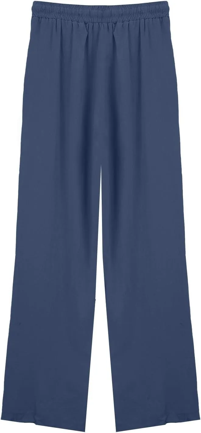Women's Summer Cotton Linen Wide Leg Pants Drawstring high Waist Palazzo Flowy Beach Trousers