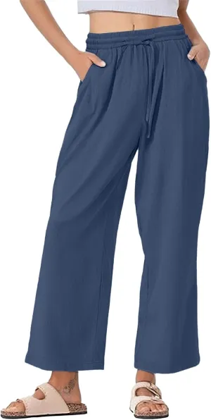 Women's Summer Cotton Linen Wide Leg Pants Drawstring high Waist Palazzo Flowy Beach Trousers
