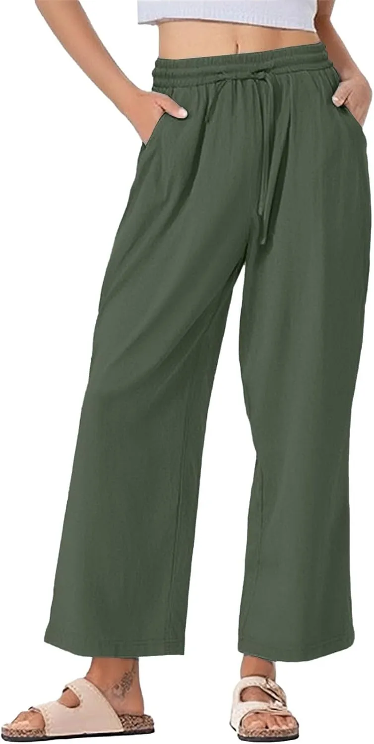 Women's Summer Cotton Linen Wide Leg Pants Drawstring high Waist Palazzo Flowy Beach Trousers