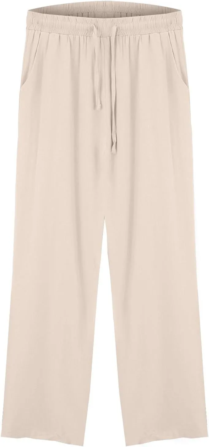 Women's Summer Cotton Linen Wide Leg Pants Drawstring high Waist Palazzo Flowy Beach Trousers