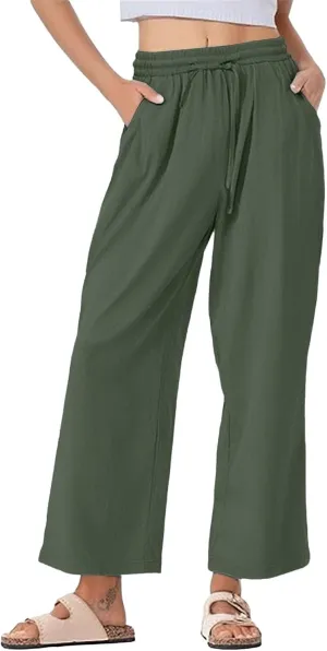 Women's Summer Cotton Linen Wide Leg Pants Drawstring high Waist Palazzo Flowy Beach Trousers