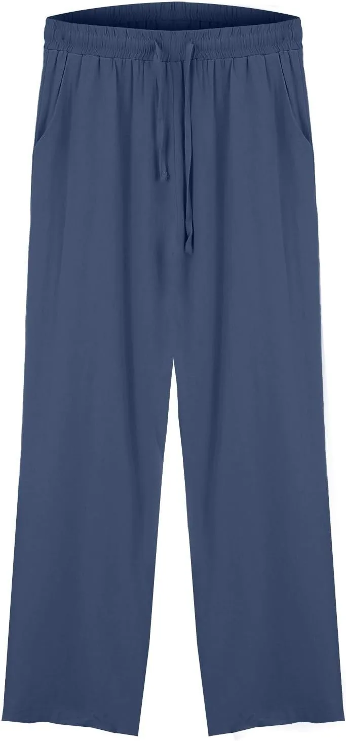 Women's Summer Cotton Linen Wide Leg Pants Drawstring high Waist Palazzo Flowy Beach Trousers