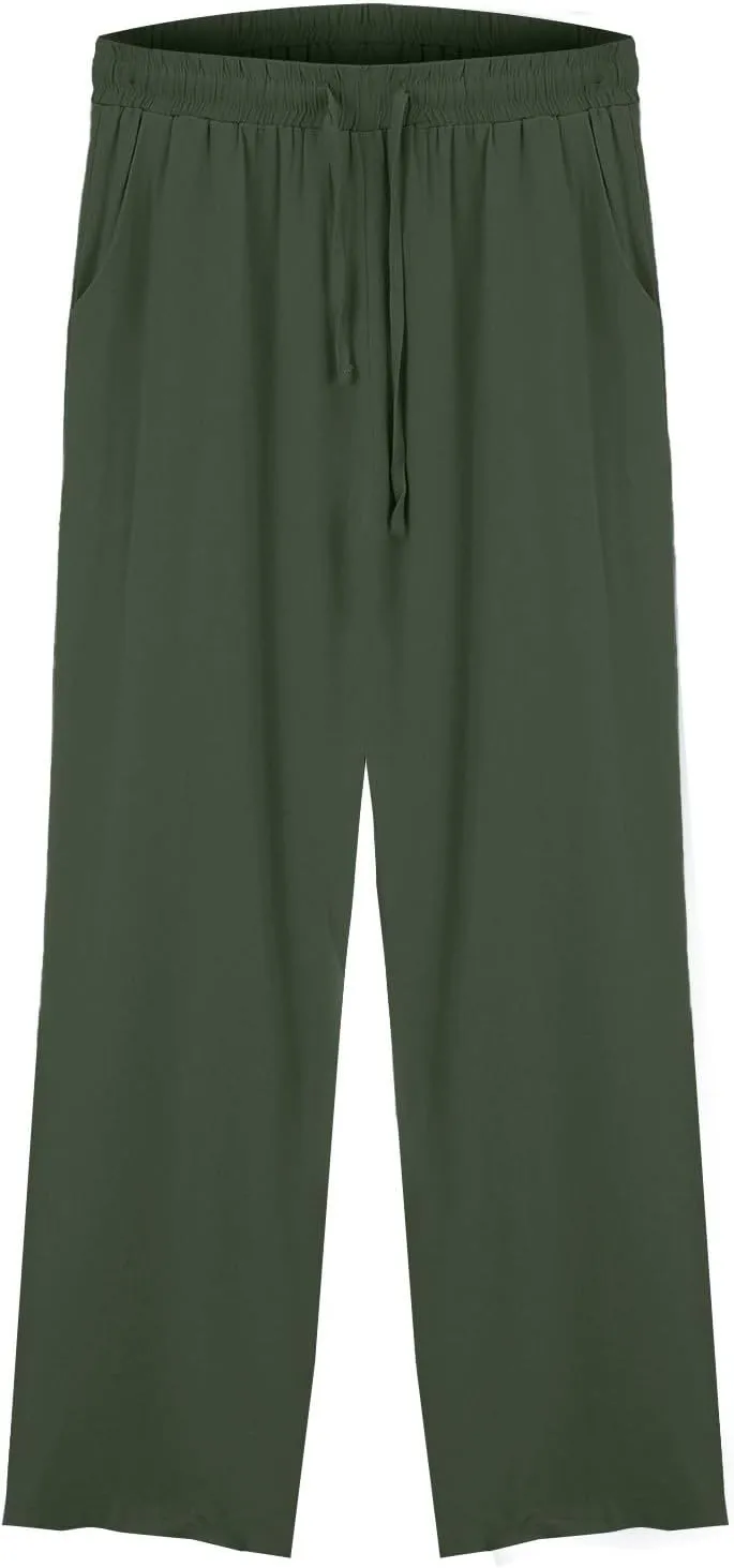 Women's Summer Cotton Linen Wide Leg Pants Drawstring high Waist Palazzo Flowy Beach Trousers