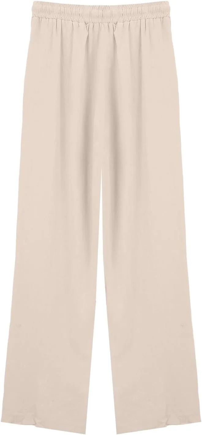 Women's Summer Cotton Linen Wide Leg Pants Drawstring high Waist Palazzo Flowy Beach Trousers
