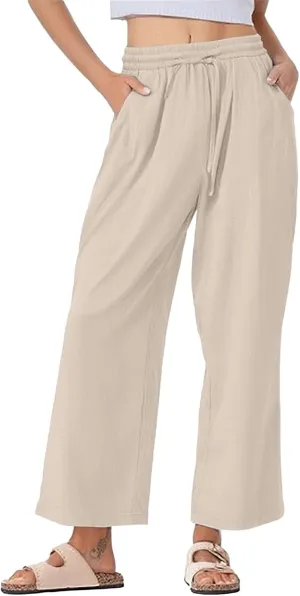 Women's Summer Cotton Linen Wide Leg Pants Drawstring high Waist Palazzo Flowy Beach Trousers