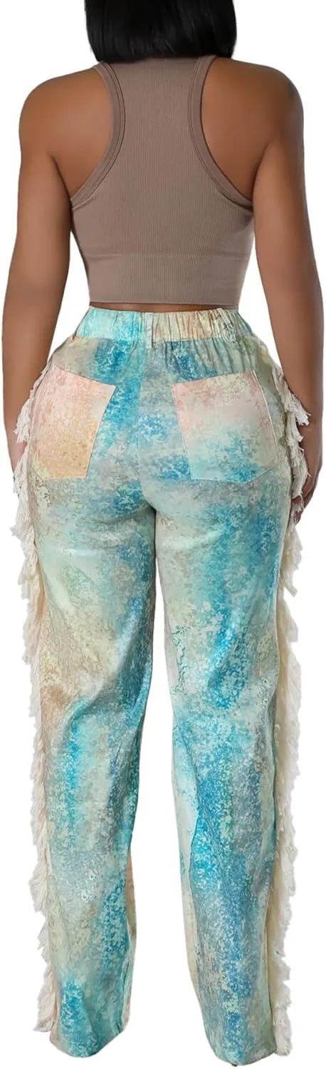 Womens Summer Fringe Pants High Waist Printing Side Tassel Straight Leg Trousers Casual Satin Pants