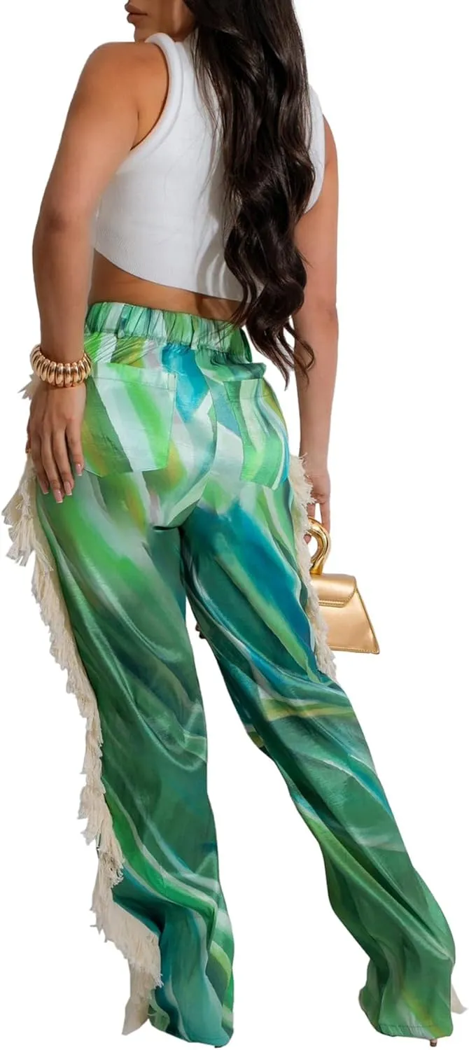 Womens Summer Fringe Pants High Waist Printing Side Tassel Straight Leg Trousers Casual Satin Pants