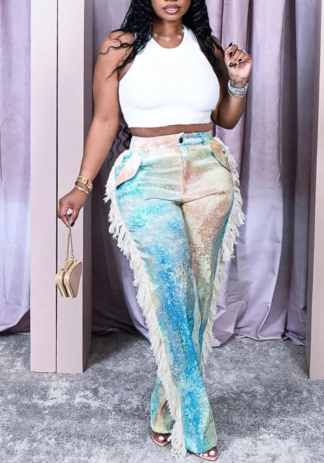 Womens Summer Fringe Pants High Waist Printing Side Tassel Straight Leg Trousers Casual Satin Pants