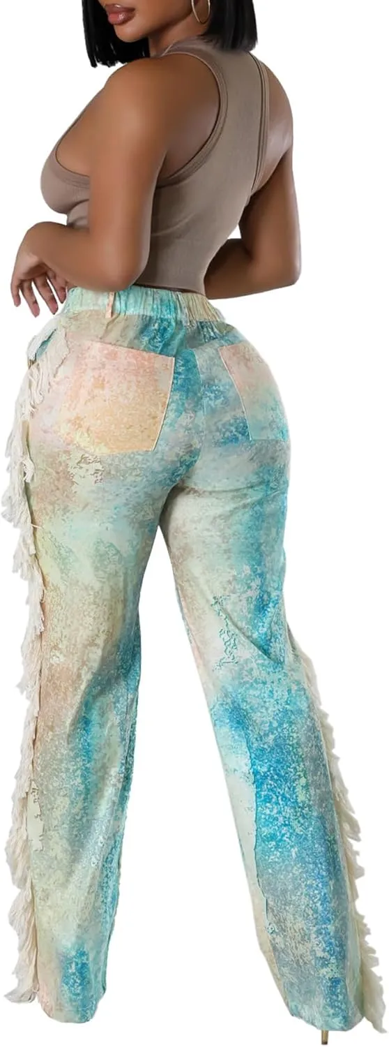 Womens Summer Fringe Pants High Waist Printing Side Tassel Straight Leg Trousers Casual Satin Pants