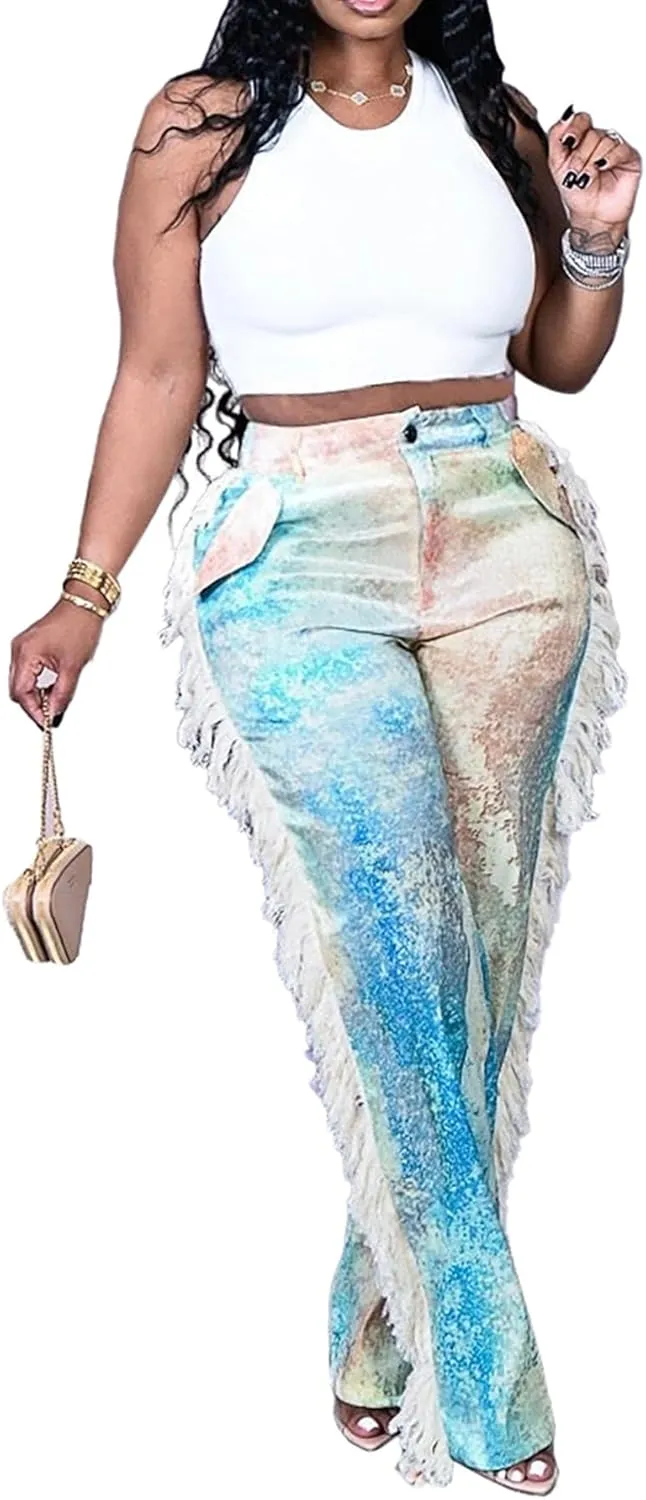 Womens Summer Fringe Pants High Waist Printing Side Tassel Straight Leg Trousers Casual Satin Pants