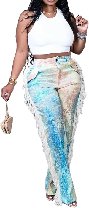 Womens Summer Fringe Pants High Waist Printing Side Tassel Straight Leg Trousers Casual Satin Pants