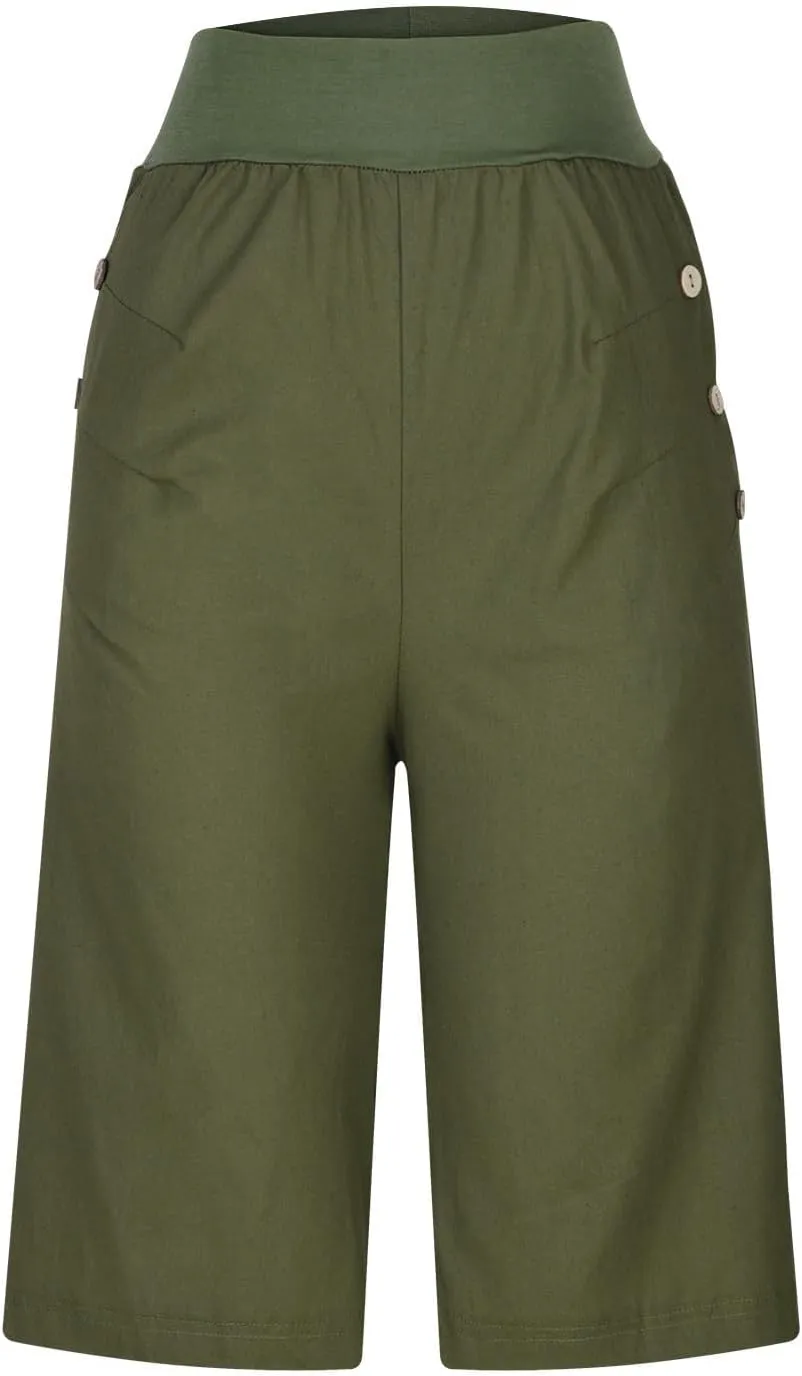 Women's Summer Linen Capri Pants with Pockets Casual High Waist Wide Leg Trousers Trendy Bermuda Shorts S-4XL