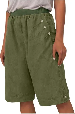 Women's Summer Linen Capri Pants with Pockets Casual High Waist Wide Leg Trousers Trendy Bermuda Shorts S-4XL