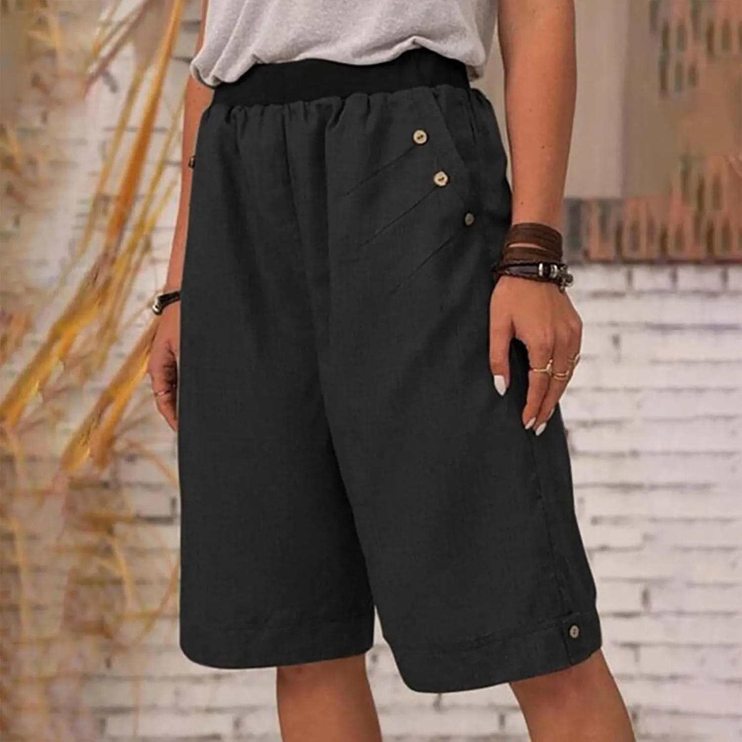 Women's Summer Linen Capri Pants with Pockets Casual High Waist Wide Leg Trousers Trendy Bermuda Shorts S-4XL