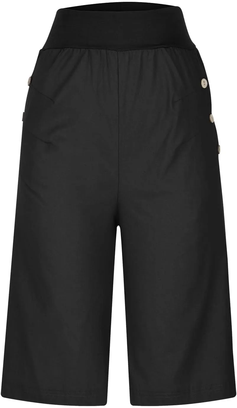 Women's Summer Linen Capri Pants with Pockets Casual High Waist Wide Leg Trousers Trendy Bermuda Shorts S-4XL