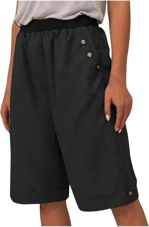 Women's Summer Linen Capri Pants with Pockets Casual High Waist Wide Leg Trousers Trendy Bermuda Shorts S-4XL