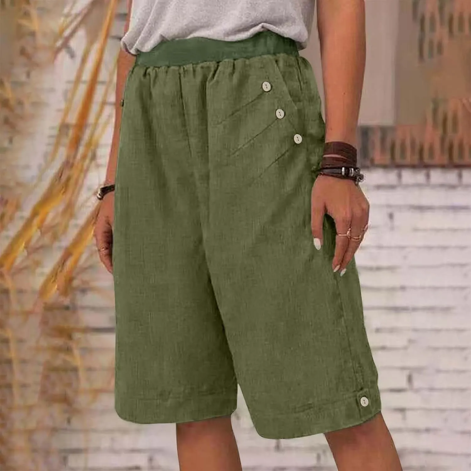 Women's Summer Linen Capri Pants with Pockets Casual High Waist Wide Leg Trousers Trendy Bermuda Shorts S-4XL