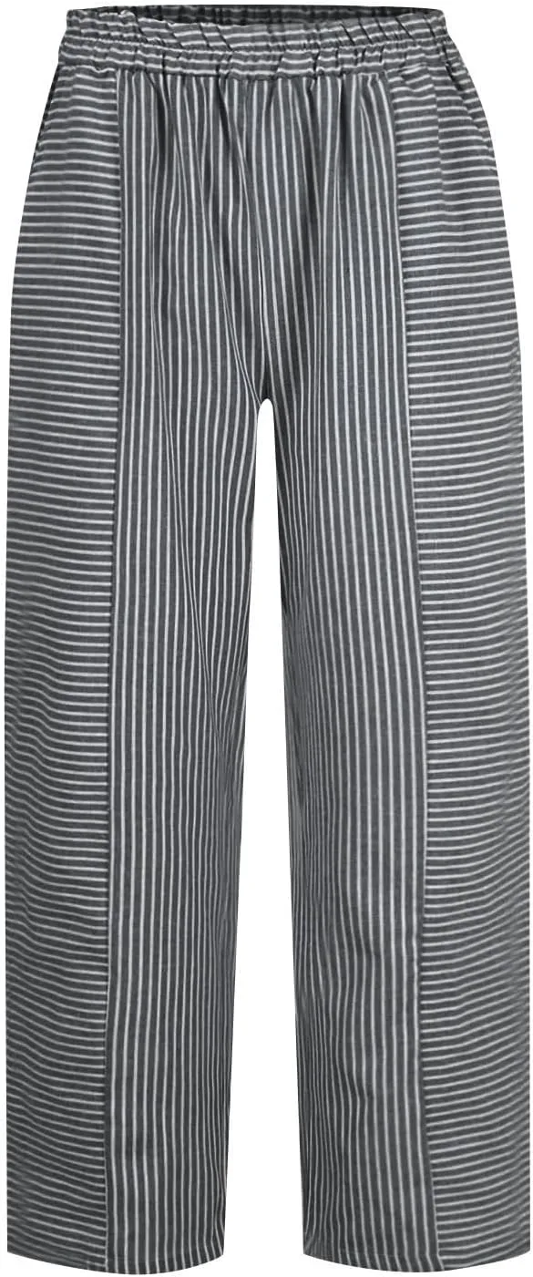 Womens Trendy Striped Linen Pants Casual High Waist Capri 2025 Summer Straight Leg Trousers with Pockets Workwear