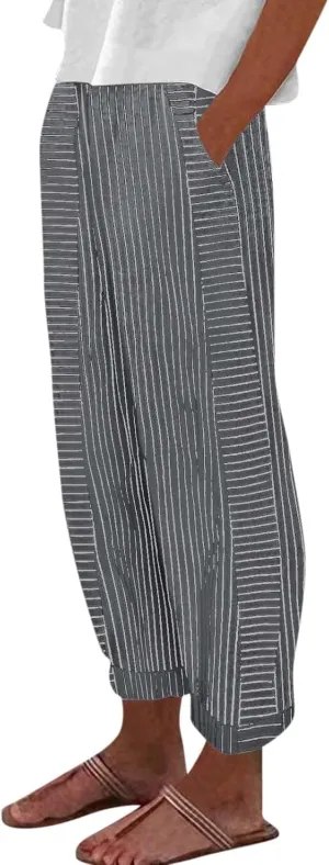 Womens Trendy Striped Linen Pants Casual High Waist Capri 2025 Summer Straight Leg Trousers with Pockets Workwear