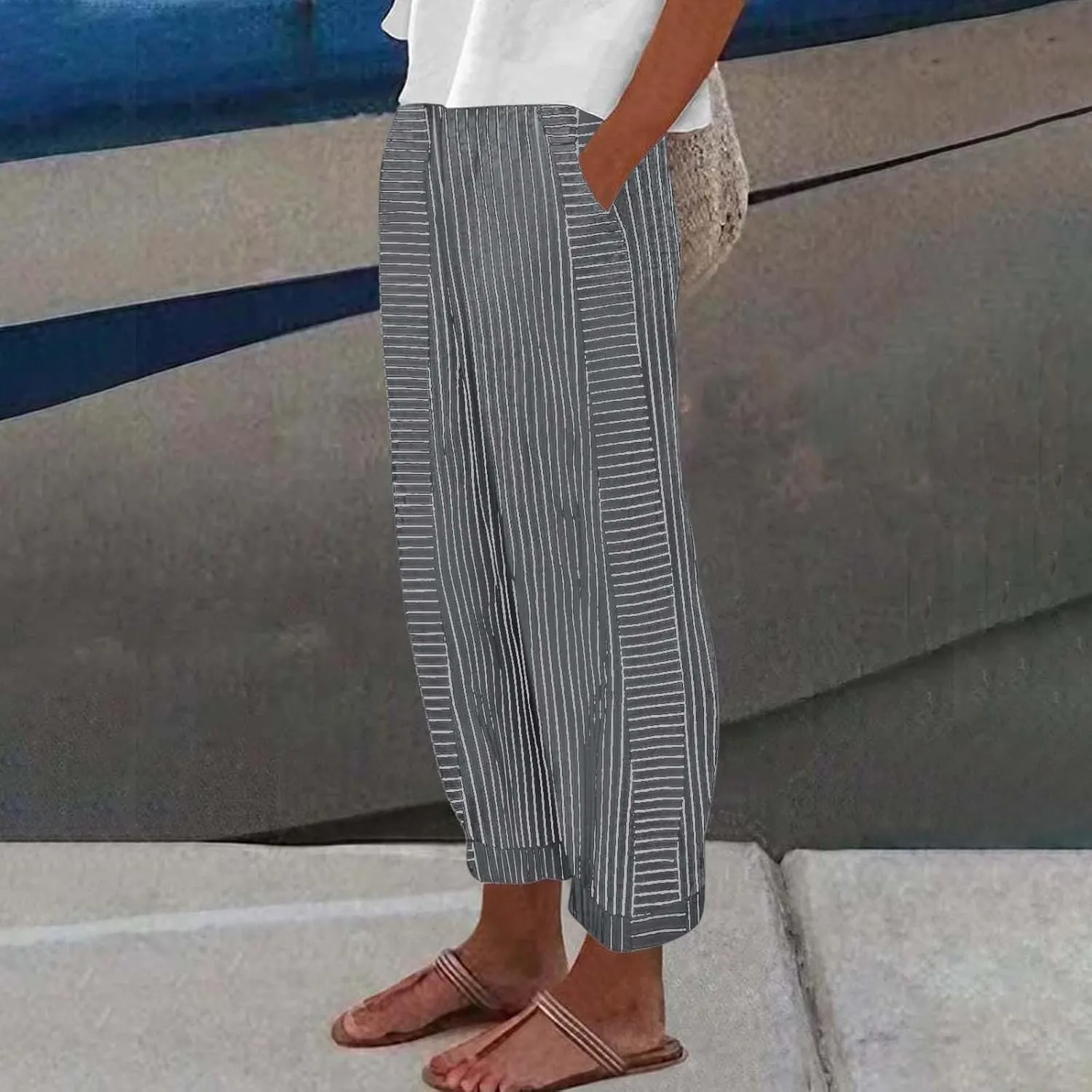 Womens Trendy Striped Linen Pants Casual High Waist Capri 2025 Summer Straight Leg Trousers with Pockets Workwear
