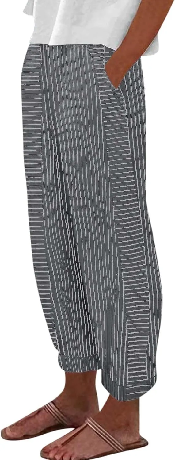 Womens Trendy Striped Linen Pants Casual High Waist Capri 2025 Summer Straight Leg Trousers with Pockets Workwear