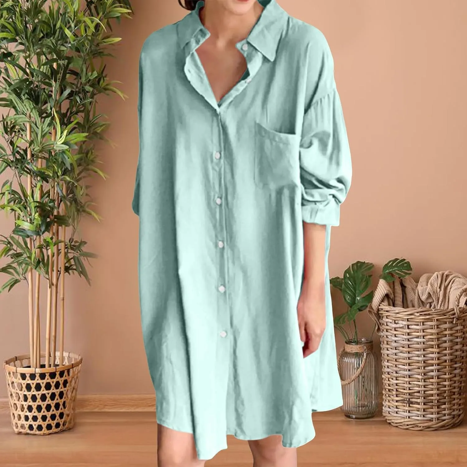 Women's Tunic Mini Shirt Dress Casual Long Sleeve Button Up Ruffle Hem Dress Flowy Chambray Dresses