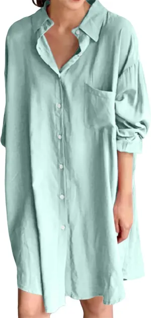 Women's Tunic Mini Shirt Dress Casual Long Sleeve Button Up Ruffle Hem Dress Flowy Chambray Dresses