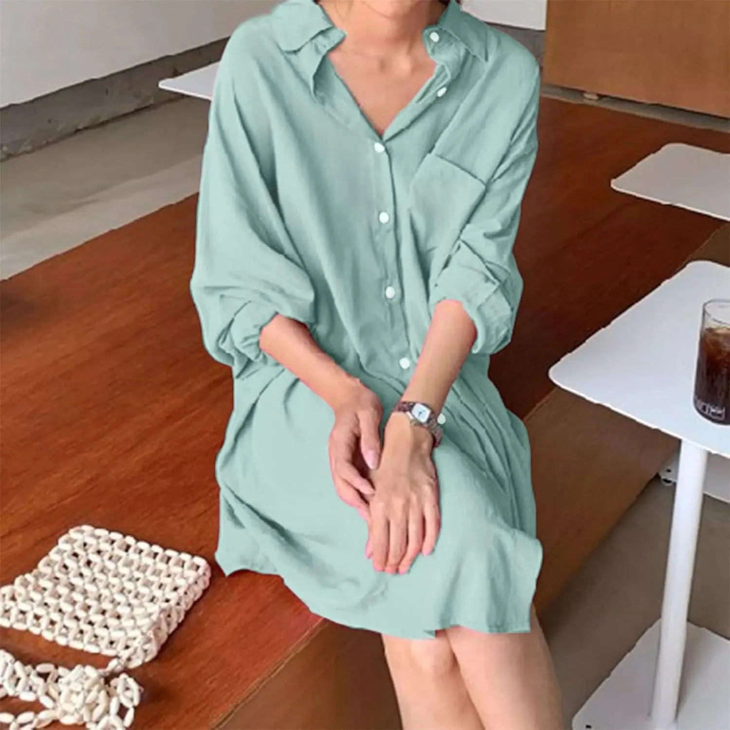 Women's Tunic Mini Shirt Dress Casual Long Sleeve Button Up Ruffle Hem Dress Flowy Chambray Dresses