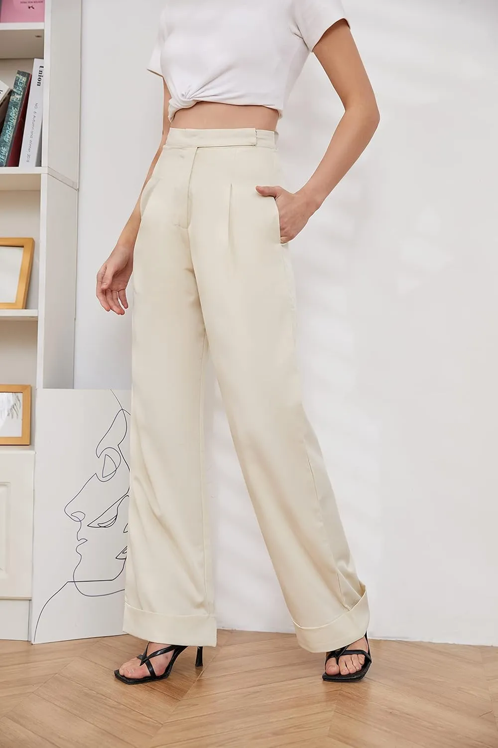 Womens Wide Leg Trousers Pants High Waisted Black Business Work Straight Leg Long Pants