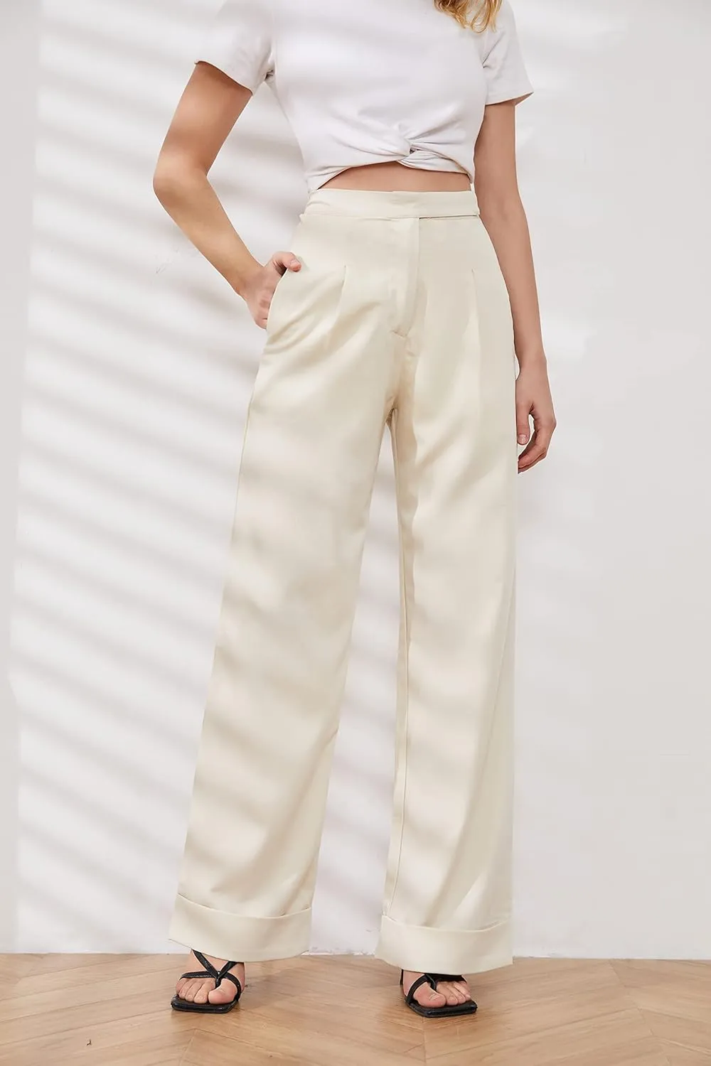 Womens Wide Leg Trousers Pants High Waisted Black Business Work Straight Leg Long Pants