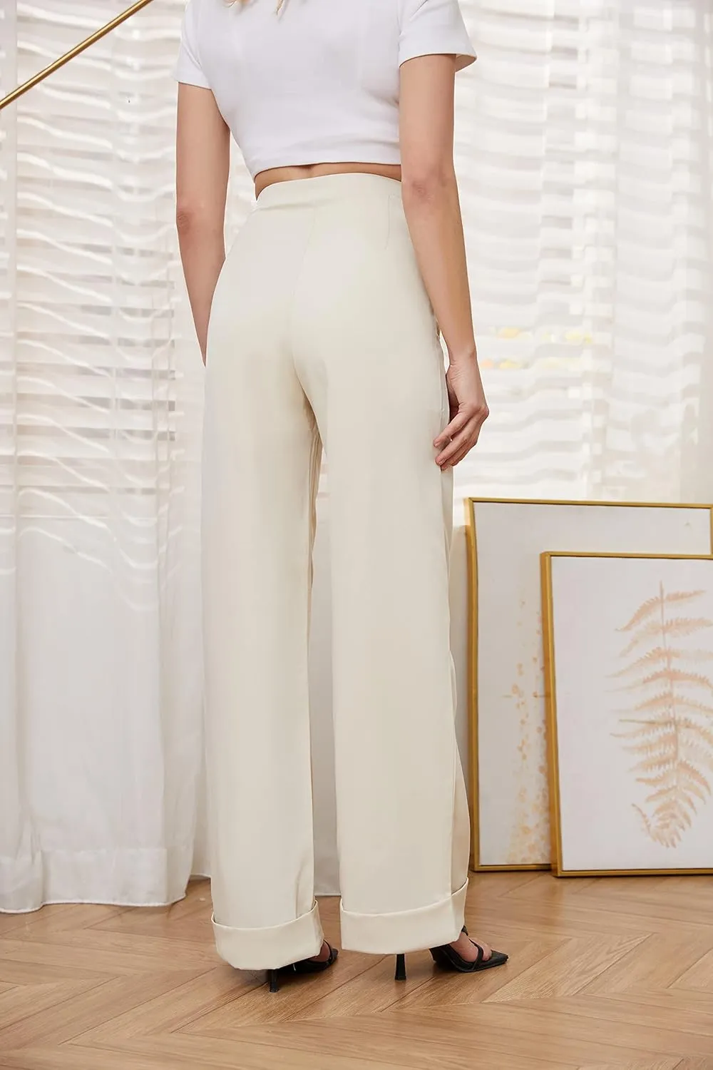 Womens Wide Leg Trousers Pants High Waisted Black Business Work Straight Leg Long Pants